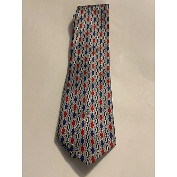Luca‎ Masse 100% Silk Mens Tie With Red & Blue Geometric Pattern 4” W x 57” L - Picture 9 of 10